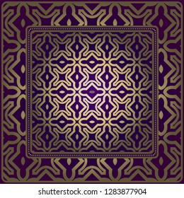 Design Of A Scarf With A Geometric Pattern . For Tablecloth, Fabric, Covers, Scrapbooking, Bandana, Pareo, Shawl. Vector Illustration. Purple, gold color.