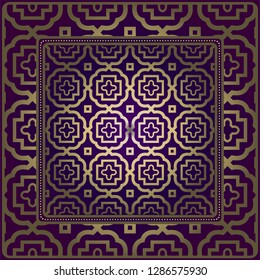 Design Of A Scarf With A Geometric Pattern . For Tablecloth, Fabric, Covers, Scrapbooking, Bandana, Pareo, Shawl. Vector Illustration. Purple, gold color.