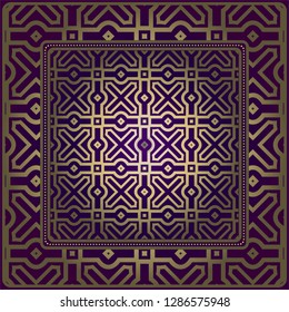 Design Of A Scarf With A Geometric Pattern . For Tablecloth, Fabric, Covers, Scrapbooking, Bandana, Pareo, Shawl. Vector Illustration. Purple, gold color.