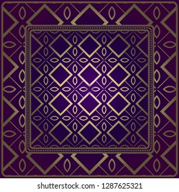 Design Of A Scarf With A Geometric Pattern . For Tablecloth, Fabric, Covers, Scrapbooking, Bandana, Pareo, Shawl. Vector Illustration. Purple, gold color.