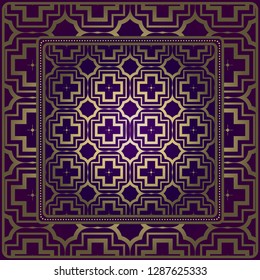 Design Of A Scarf With A Geometric Pattern . For Tablecloth, Fabric, Covers, Scrapbooking, Bandana, Pareo, Shawl. Vector Illustration. Purple, gold color.