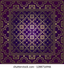Design Of A Scarf With A Geometric Pattern . For Tablecloth, Fabric, Covers, Scrapbooking, Bandana, Pareo, Shawl. Vector Illustration. Purple, gold color.