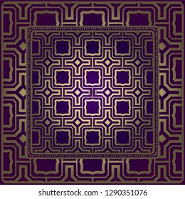 Design Of A Scarf With A Geometric Pattern . For Tablecloth, Fabric, Covers, Scrapbooking, Bandana, Pareo, Shawl. Vector Illustration. Purple, gold color.