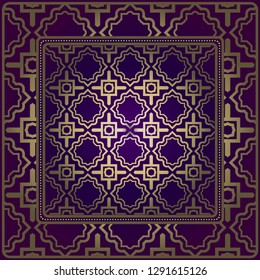 Design Of A Scarf With A Geometric Pattern . For Tablecloth, Fabric, Covers, Scrapbooking, Bandana, Pareo, Shawl. Vector Illustration. Purple, gold color.