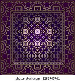 Design Of A Scarf With A Geometric Pattern . For Tablecloth, Fabric, Covers, Scrapbooking, Bandana, Pareo, Shawl. Vector Illustration. Purple, gold color.