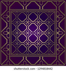 Design Of A Scarf With A Geometric Pattern . For Tablecloth, Fabric, Covers, Scrapbooking, Bandana, Pareo, Shawl. Vector Illustration. Purple, gold color.