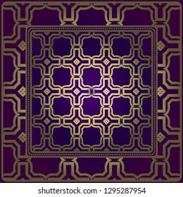 Design Of A Scarf With A Geometric Pattern . For Tablecloth, Fabric, Covers, Scrapbooking, Bandana, Pareo, Shawl. Vector Illustration. Purple, gold color.