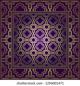 Design Of A Scarf With A Geometric Pattern . For Tablecloth, Fabric, Covers, Scrapbooking, Bandana, Pareo, Shawl. Vector Illustration. Purple, gold color.