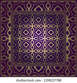 Design Of A Scarf With A Geometric Pattern . For Tablecloth, Fabric, Covers, Scrapbooking, Bandana, Pareo, Shawl. Vector Illustration. Purple, gold color.