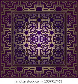 Design Of A Scarf With A Geometric Pattern . For Tablecloth, Fabric, Covers, Scrapbooking, Bandana, Pareo, Shawl. Vector Illustration. Purple, gold color.