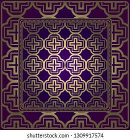 Design Of A Scarf With A Geometric Pattern . For Tablecloth, Fabric, Covers, Scrapbooking, Bandana, Pareo, Shawl. Vector Illustration. Purple, gold color.
