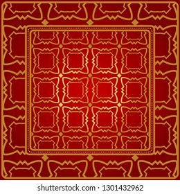 Design Of A Scarf With A Geometric Pattern . Vector Illustration. For Print Bandana, Shawl, Carpet, Tablecloth, Bed Cloth, Fashion. Red gold color.