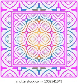 Design Of A Scarf With A Geometric Pattern . Vector Illustration. For Print Bandana, Shawl, Carpet, Tablecloth, Bed Cloth, Fashion. Rainbow color.
