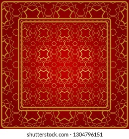 Design Of A Scarf With A Geometric Pattern . Vector Illustration. For Print Bandana, Shawl, Carpet, Tablecloth, Bed Cloth, Fashion. Red gold color.