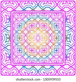 Design Of A Scarf With A Geometric Pattern . Vector Illustration. For Print Bandana, Shawl, Carpet, Tablecloth, Bed Cloth, Fashion. Rainbow color.