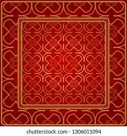 Design Of A Scarf With A Geometric Pattern . Vector Illustration. For Print Bandana, Shawl, Carpet, Tablecloth, Bed Cloth, Fashion. Red gold color.