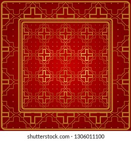 Design Of A Scarf With A Geometric Pattern . Vector Illustration. For Print Bandana, Shawl, Carpet, Tablecloth, Bed Cloth, Fashion. Red gold color.
