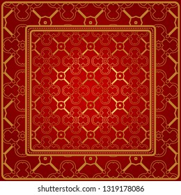 Design Of A Scarf With A Geometric Pattern . Vector Illustration. For Print Bandana, Shawl, Carpet, Tablecloth, Bed Cloth, Fashion. Red gold color.