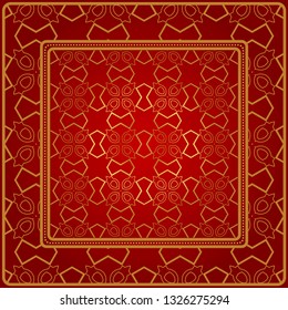 Design Of A Scarf With A Geometric Pattern . Vector Illustration. For Print Bandana, Shawl, Carpet, Tablecloth, Bed Cloth, Fashion. Red gold color.