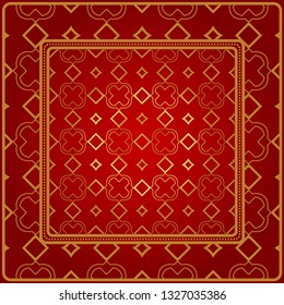 Design Of A Scarf With A Geometric Pattern . Vector Illustration. For Print Bandana, Shawl, Carpet, Tablecloth, Bed Cloth, Fashion. Red gold color.
