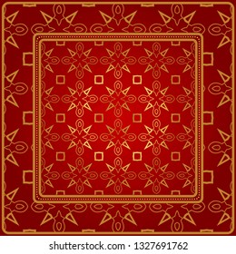 Design Of A Scarf With A Geometric Pattern . Vector Illustration. For Print Bandana, Shawl, Carpet, Tablecloth, Bed Cloth, Fashion. Red gold color.