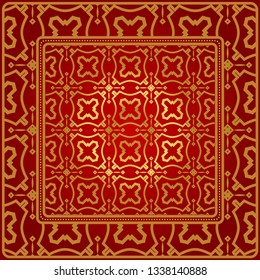 Design Of A Scarf With A Geometric Pattern . Vector Illustration. For Print Bandana, Shawl, Carpet, Tablecloth, Bed Cloth, Fashion. Red gold color.