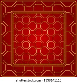 Design Of A Scarf With A Geometric Pattern . Vector Illustration. For Print Bandana, Shawl, Carpet, Tablecloth, Bed Cloth, Fashion. Red gold color.