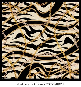 Design scarf with gold chain and zebra pattern. Bandana, Silk Scarves, textile motif