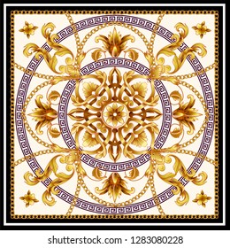 Design scarf with golden baroque elements and chains. 