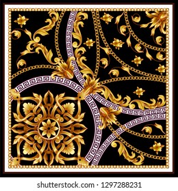 Design scarf with golden baroque elements and chains. Vector.