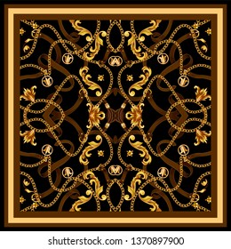 Design scarf with golden baroque elements and belts.