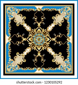 Design scarf with golden baroque and knotting elements. 