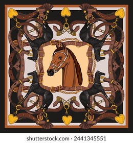 Design scarf with horse head and belts. Vector