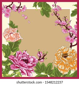 Design for a scarf with the image of bright colors: large peonies, delicate pink sakura and green leaves. Suitable for printing on fabric in production. Vector.