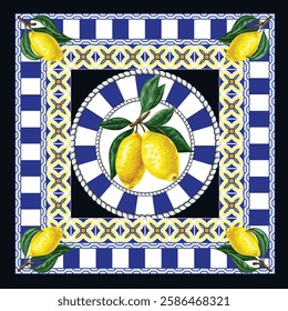 Design scarf with lemons and blue ornament. Vector