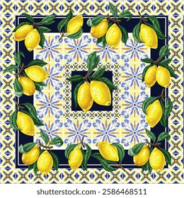 Design scarf with lemons and blue ornament. Vector