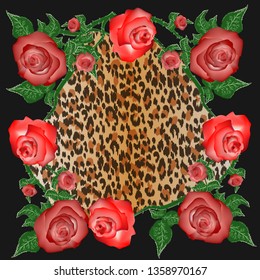 Design scarf with leopard skin and red roses. Fashion vector
