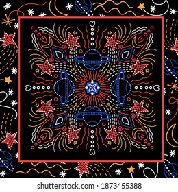 Design scarf  with line space elements such as planets, comets, asteroids, stars