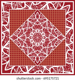Design of Scarf with Mandala Flower Pattern. Vector illustration. Red color. For Print Bandana, Shawl, Carpet