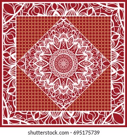 Design of Scarf with Mandala Flower Pattern. Vector illustration. Red color. For Print Bandana, Shawl, Carpet