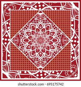 Design of Scarf with Mandala Flower Pattern. Vector illustration. Red color. For Print Bandana, Shawl, Carpet