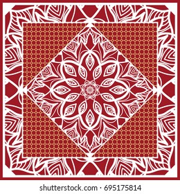 Design of Scarf with Mandala Flower Pattern. Vector illustration. Red color. For Print Bandana, Shawl, Carpet