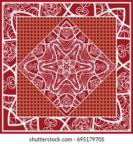 Design of Scarf with Mandala Flower Pattern. Vector illustration. Red color. For Print Bandana, Shawl, Carpet
