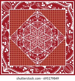 Design of Scarf with Mandala Flower Pattern. Vector illustration. Red color. For Print Bandana, Shawl, Carpet