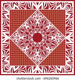 Design of Scarf with Mandala Flower Pattern. Vector illustration. Red color. For Print Bandana, Shawl, Carpet
