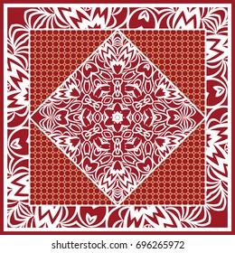 Design of Scarf with Mandala Flower Pattern. Vector illustration. Red color. For Print Bandana, Shawl, Carpet