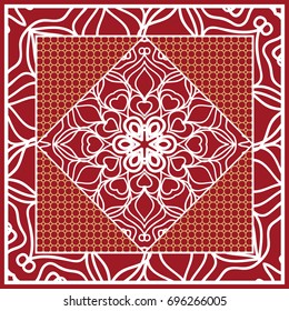 Design of Scarf with Mandala Flower Pattern. Vector illustration. Red color. For Print Bandana, Shawl, Carpet