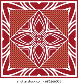 Design of Scarf with Mandala Flower Pattern. Vector illustration. Red color. For Print Bandana, Shawl, Carpet