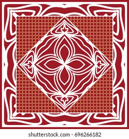 Design of Scarf with Mandala Flower Pattern. Vector illustration. Red color. For Print Bandana, Shawl, Carpet