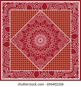 Design of Scarf with Mandala Flower Pattern. Vector illustration. Red color. For Print Bandana, Shawl, Carpet